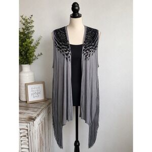 Vocal Womens XL Gray Embellished Fringe Vest Duster Black Beaded Boho Y2K